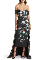 Marchesa Notte Floral Off the Shoulder High-Low Gown Black Combo at Nordstrom,