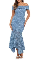 Xscape Evenings Embroidered Off the Shoulder Midi Cocktail Dress Slate Blue at Nordstrom,