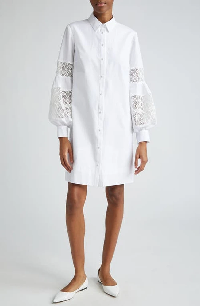 Lela Rose Lace Inset Long Sleeve Stretch Cotton Shirtdress at Nordstrom,