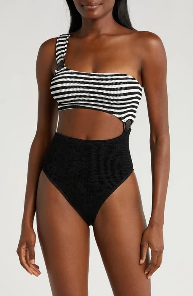 CLEONIE Cutout One-Shoulder One-Piece Swimsuit in Noir Stripe/Noir at Nordstrom