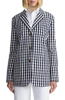 Lafayette 148 New York Gingham Cotton & Linen Blazer Midnight Blue Multi at Nordstrom,