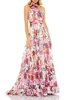 Mac Duggal Floral Rosette Halter Neck Gown Pink/White Multi at Nordstrom,