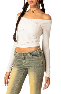 EDIKTED Crossover Off the Shoulder Long Sleeve Top Cream at Nordstrom,