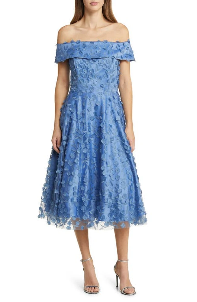 Eliza J Floral Appliqué Off the Shoulder Midi Cocktail Dress Slate at Nordstrom,