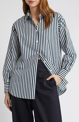 FRAME Oversize Stripe Pocket Organic Cotton Shirt Navy Multi at Nordstrom,