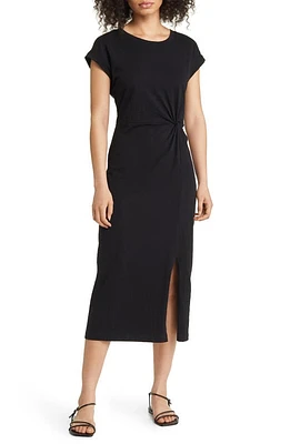 caslon(r) Twist Waist Organic Cotton Midi T-Shirt Dress Black at Nordstrom,