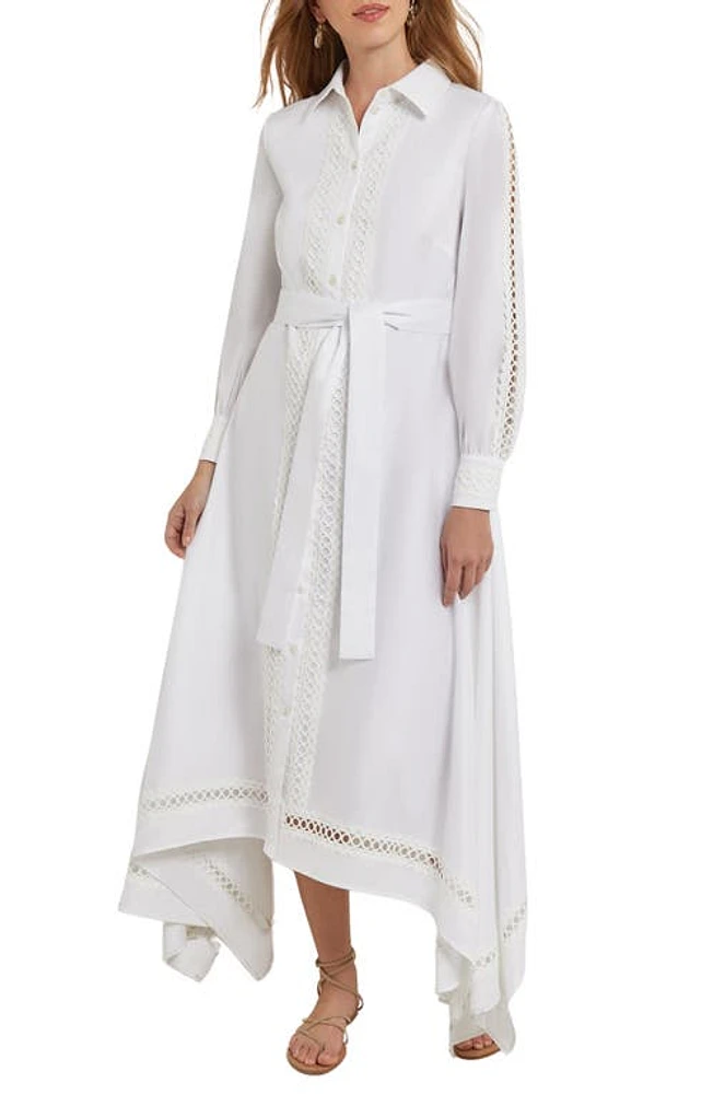 Misook Tie Waist Handkerchief Hem Long Sleeve Shirtdress White at Nordstrom,