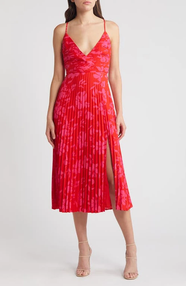 Lulus Vibrant Moment Floral Pleated Midi Cocktail Dress Red/Hot Pink at Nordstrom,