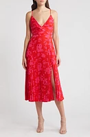 Lulus Vibrant Moment Floral Pleated Midi Cocktail Dress Red/Hot Pink at Nordstrom,