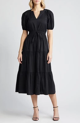 Anne Klein Tiered Puff Sleeve Midi Dress in Anne Black at Nordstrom, Size Medium