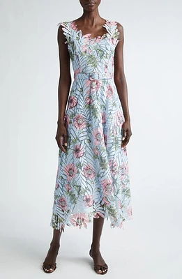 Oscar de la Renta Poppy Print Fern Guipure Lace Sleeveless Dress Light Blue/Pink at Nordstrom,