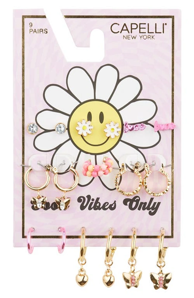 Capelli New York Kids' Set of 9 Good Vibes Only Mixed Earrings in Gold Combo at Nordstrom