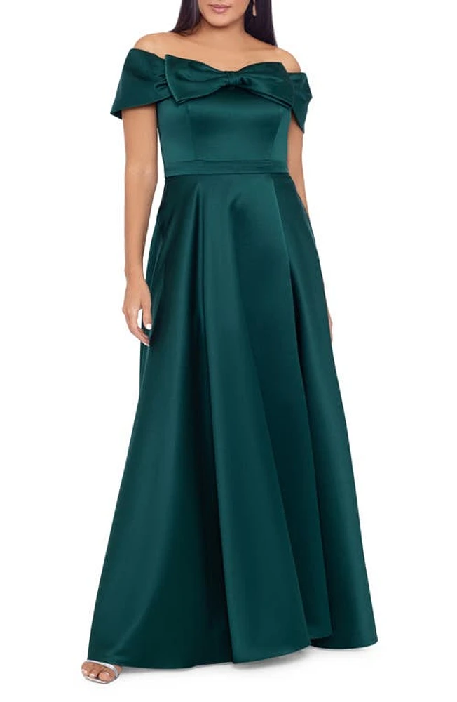 Xscape Evenings Bow Off the Shoulder Ballgown Hunter at Nordstrom,