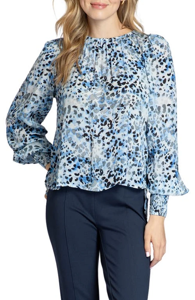 APNY Leopard Print Gathered Neck Chiffon Top Blue Multi at Nordstrom,