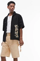 Topman Floral Embroidered Short Sleeve Cotton Button-Up Camp Shirt in Black at Nordstrom, Size Small