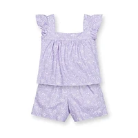 Hope & Henry Girls' Flutter Sleeve Faux Top Pull-On Linen Romper, Infant Lavender Fields Floral at Nordstrom,