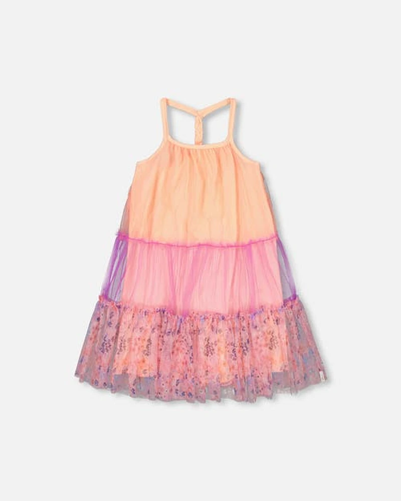 Deux Par Deux Girl's Sleeveless Colorblock Mesh Dress Lavender And Salmon at Nordstrom