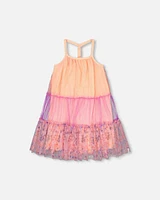 Deux Par Deux Girl's Sleeveless Colorblock Mesh Dress Lavender And Salmon at Nordstrom