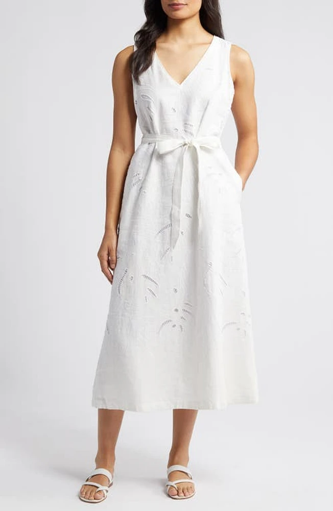 Tommy Bahama Monstera Linen Eyelet Midi Dress White at Nordstrom,