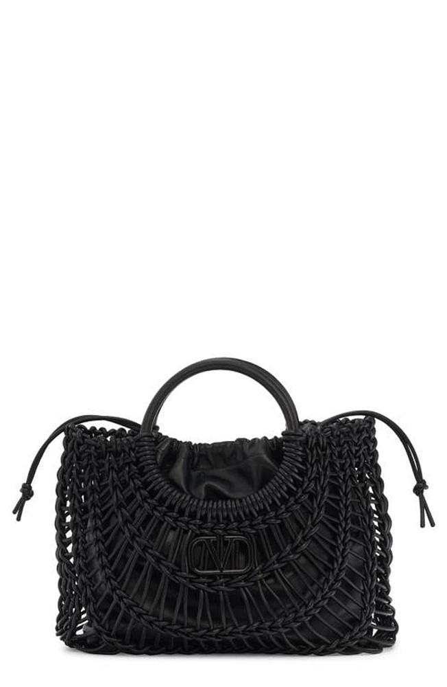 Valentino Garavani Macramé Lambskin Leather Tote in Nero at Nordstrom