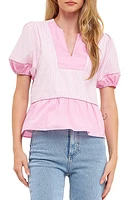 English Factory Contrast Stripe Puff Sleeve Top Pink Multi at Nordstrom,