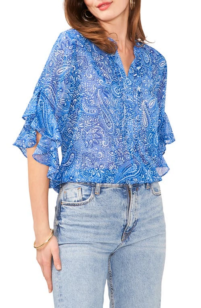 Vince Camuto Metallic Paisley Flutter Sleeve Top Sapphire Blue at Nordstrom,