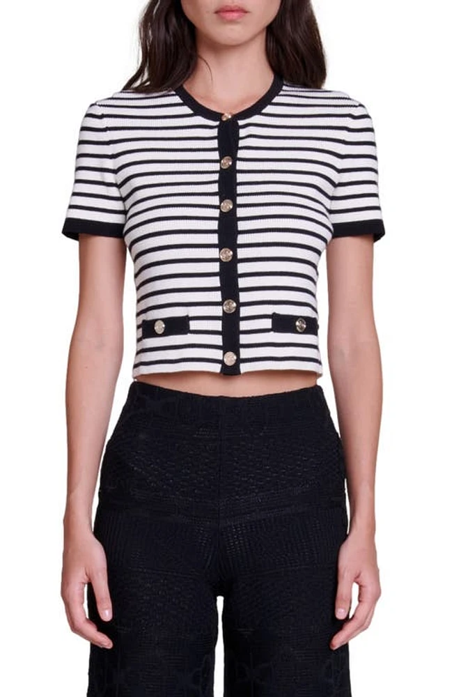 maje Mirolls Stripe Short Sleeve Cardigan Black /White at Nordstrom,