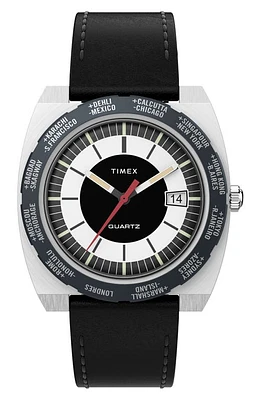 Timex World Time Reissue Leather Strap Watch, 39mm in Black at Nordstrom