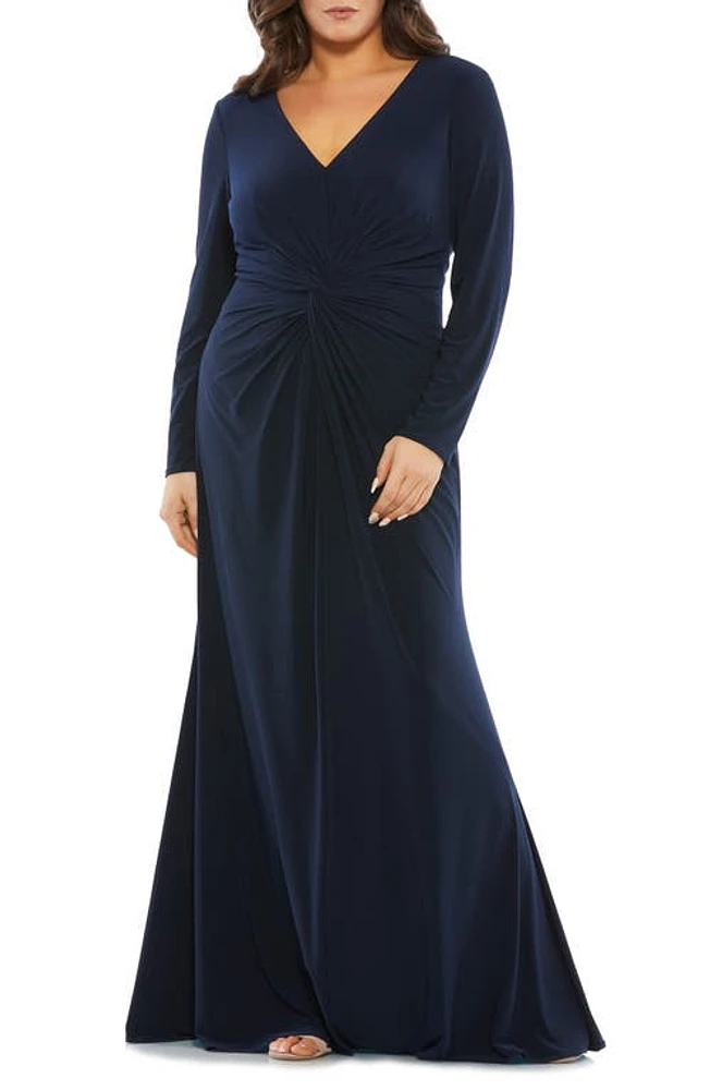 Mac Duggal Ruched Long Sleeve Jersey Trumpet Gown Midnight at Nordstrom,