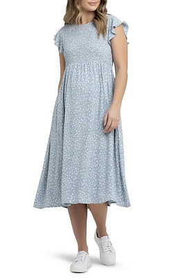 Ripe Maternity Ava Floral Shirred Midi Maternity Dress in Petrol /White at Nordstrom