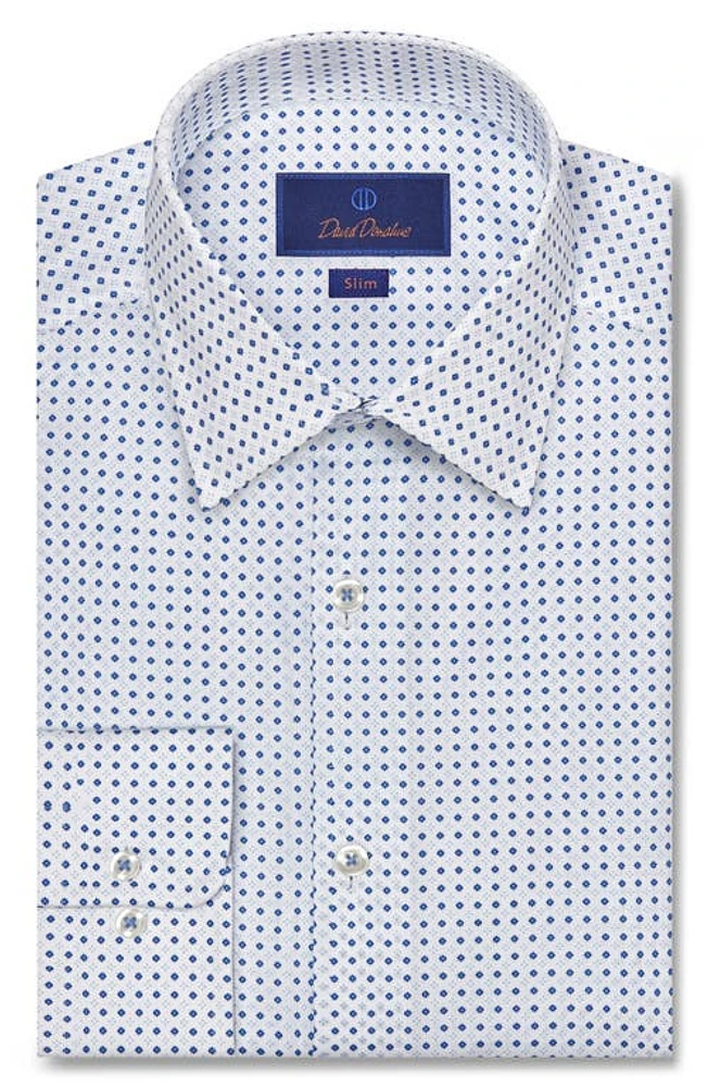 David Donahue Slim Fit Floral Medallion Twill Dress Shirt White/Blue at Nordstrom,