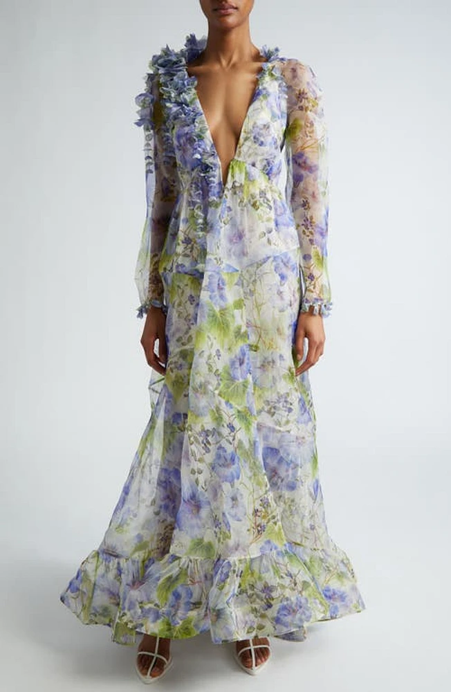 Zimmermann Natura Floral Semisheer Long Sleeve Silk Dress Blue at Nordstrom,