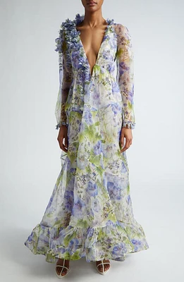 Zimmermann Natura Floral Semisheer Long Sleeve Silk Dress Blue at Nordstrom,