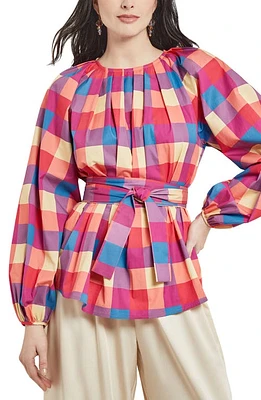 Misook Check Tie Waist Shirt Pink/blue Multi at Nordstrom,