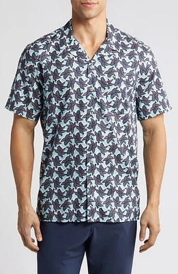 Johnston & Murphy Leaf Print Cotton and Modal Camp Shirt Blue at Nordstrom, R