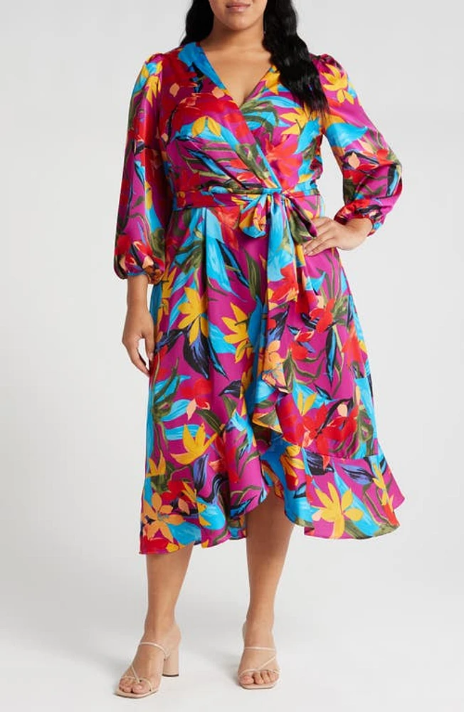 Tahari ASL Floral Satin Faux Wrap Dress Wild Berry Multi at Nordstrom,