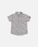 Deux Par Deux Boy's Short Sleeve Chambray Shirt Dark Grey Printed Bicycle at Nordstrom