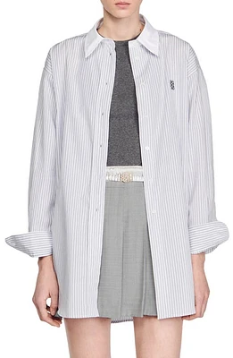 sandro Oversize Stripe Button-Up Shirt Grey /White at Nordstrom,