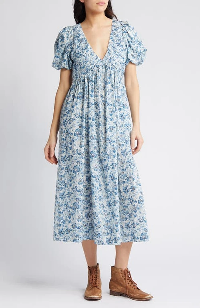 The GREAT. Gallery Floral Cotton Midi Dress Light Sky Pressed Print at Nordstrom,