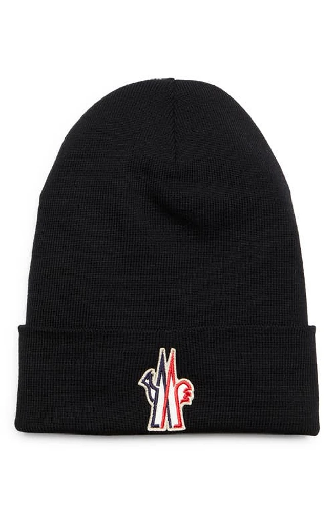 Moncler Grenoble Logo Patch Ribbed Virgin Wool Beanie in Black at Nordstrom