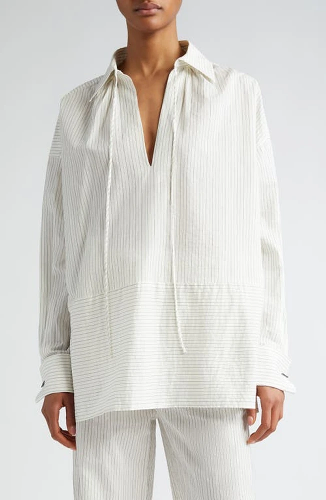 Max Mara Saletta Pinstripe Oversize Cotton & Silk Top White Black at Nordstrom,