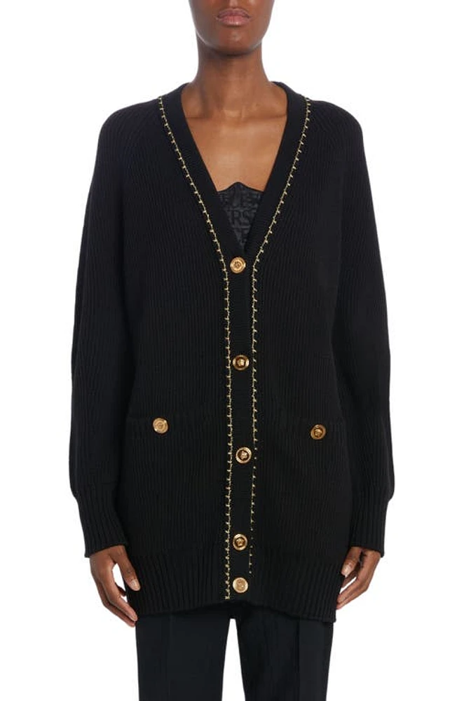 Versace Metallic Stitch Detail Wool Cardigan in 1B000 Black at Nordstrom, Size 8 Us