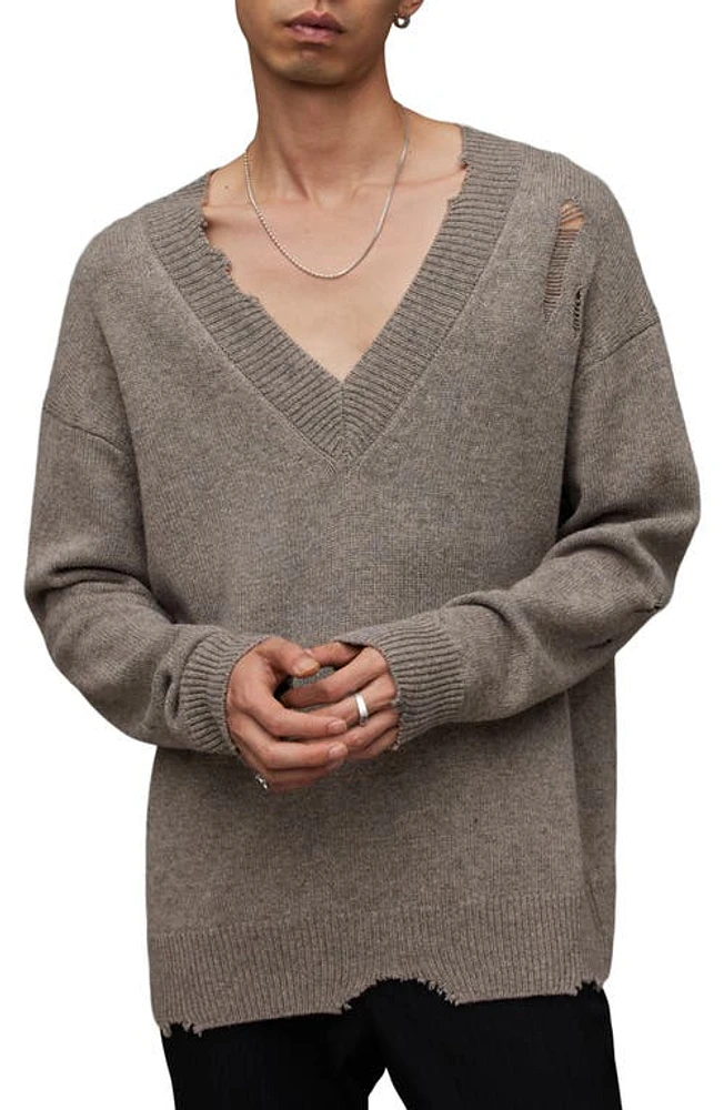 AllSaints Vicious Distressed Wool & Cotton V-Neck Sweater Fawn Brown Marl at Nordstrom,