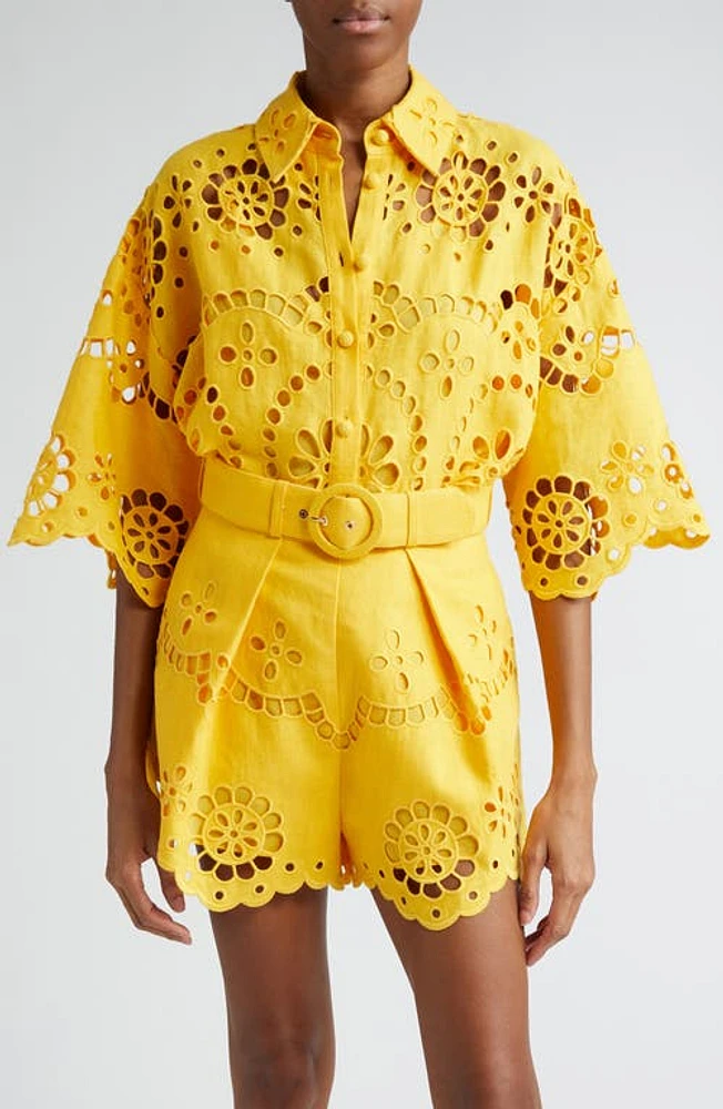 Zimmermann Pop Embroidered Linen Eyelet Shirt Mango at Nordstrom,