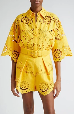 Zimmermann Pop Embroidered Linen Eyelet Shirt Mango at Nordstrom,