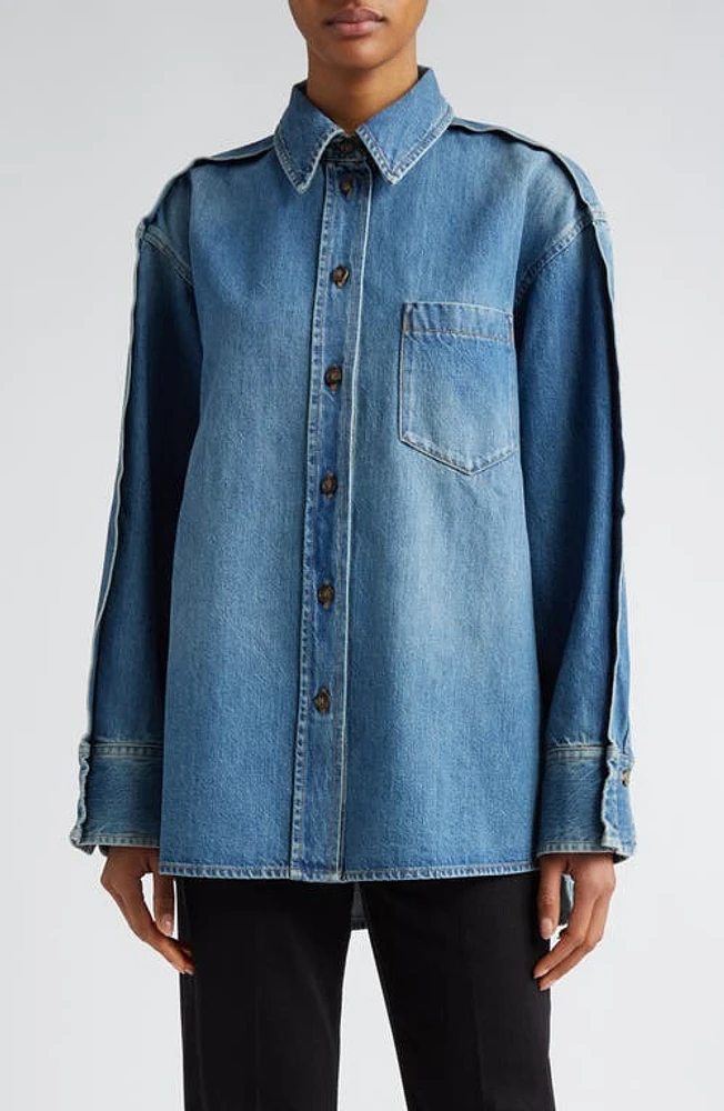 Victoria Beckham Oversize Pleated Cotton Denim Button-Up Shirt Vintage Wash Mid at Nordstrom, Us