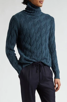 Thom Sweeney Chunky Cable Stitch Cashmere Turtleneck Sweater Moss Blue at Nordstrom,