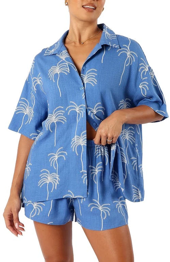 Petal & Pup Amira Short Sleeve Button-Up Shirt Blue Palm Print at Nordstrom,