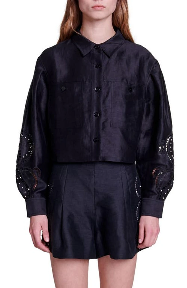 maje Clint Beaded Embroidery Detail Crop Linen Blend Button-Up Shirt Black at Nordstrom,