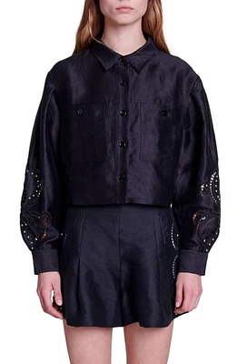 maje Clint Beaded Embroidery Detail Crop Linen Blend Button-Up Shirt Black at Nordstrom,